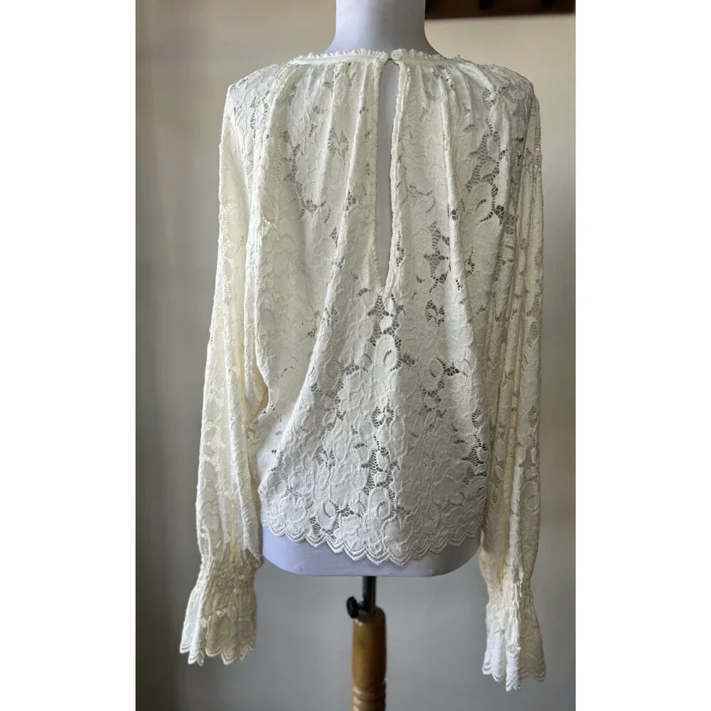 Free People White Lace Ruffle Sleeve Round Neck Women's Blouse Size S
